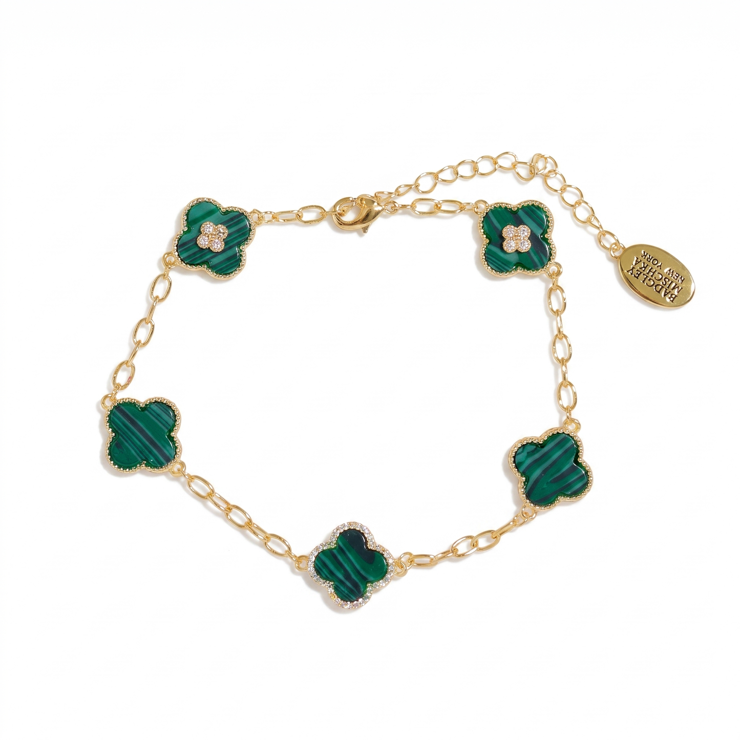 Crystal Green Clover 5-Charm Bracelet - Gold