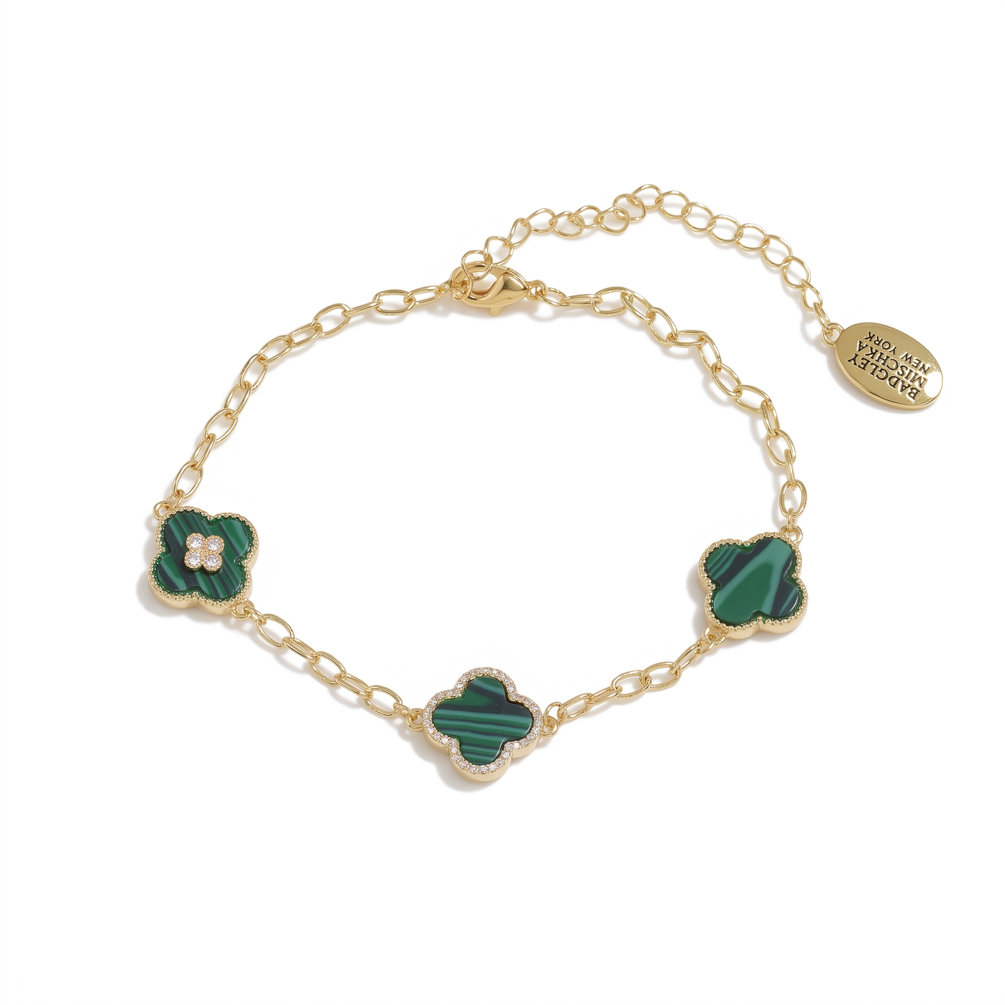 Crystal Green Clover 3-Charm Bracelet - Gold