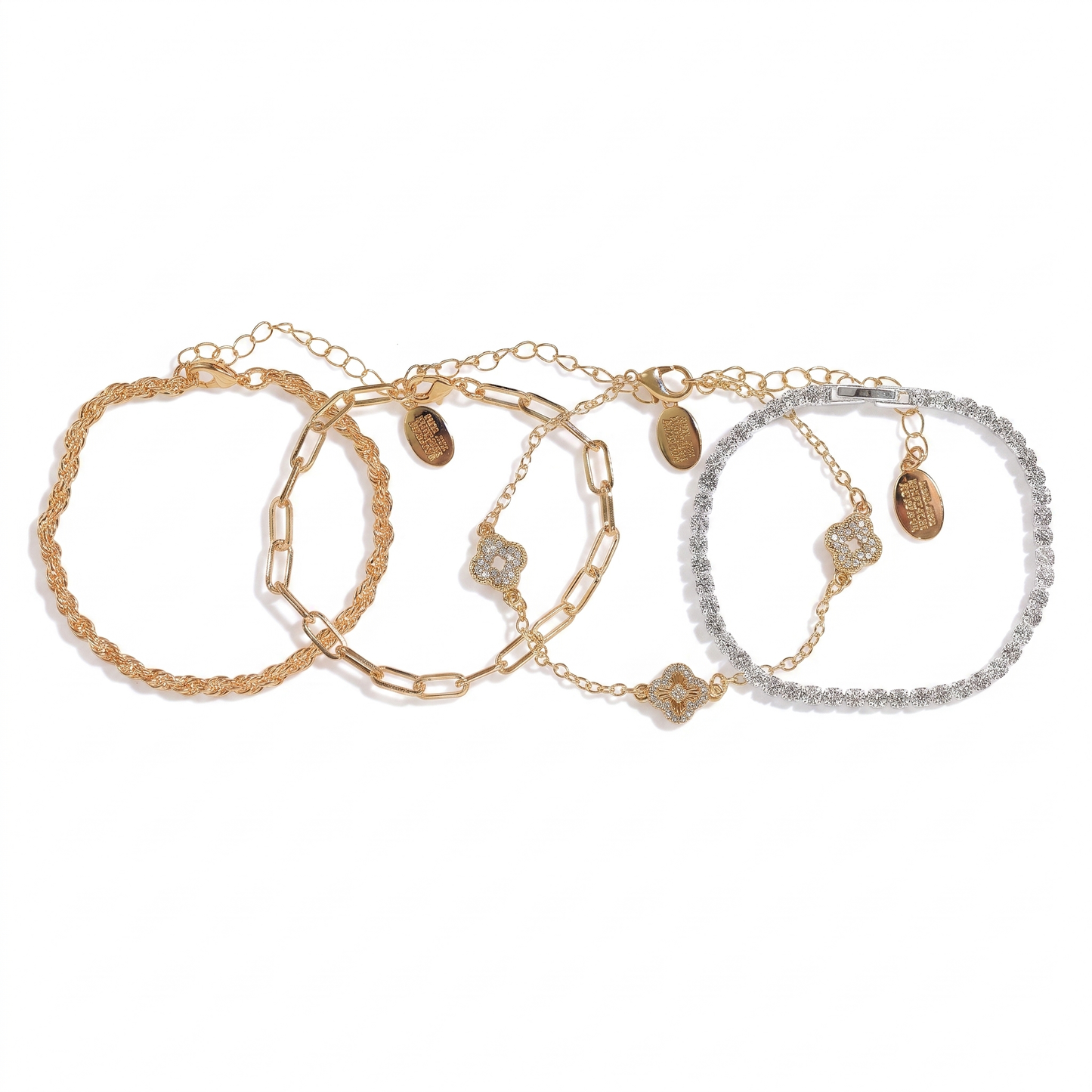 4-Piece Crystal Clover Chain Bracelet Set - Gold