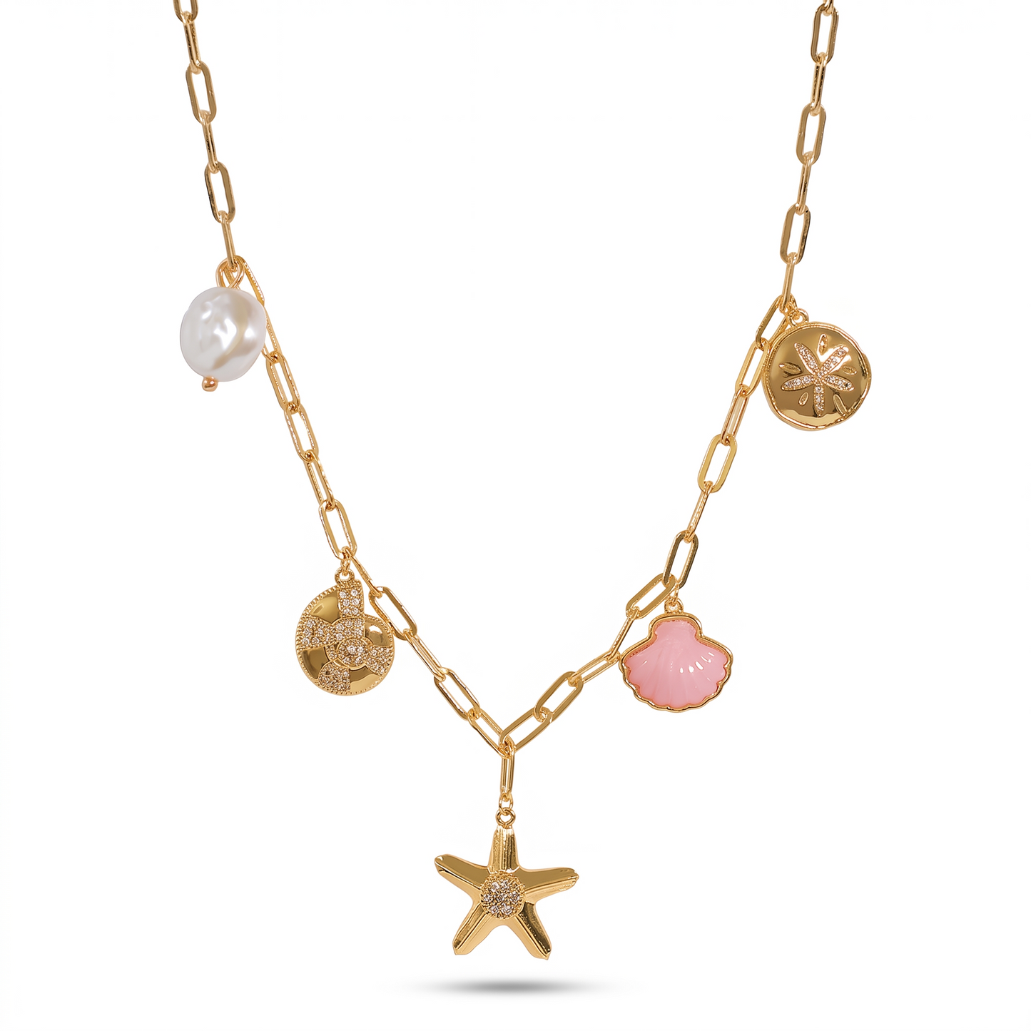 Conch Starfish 5-Charm Necklace - Gold