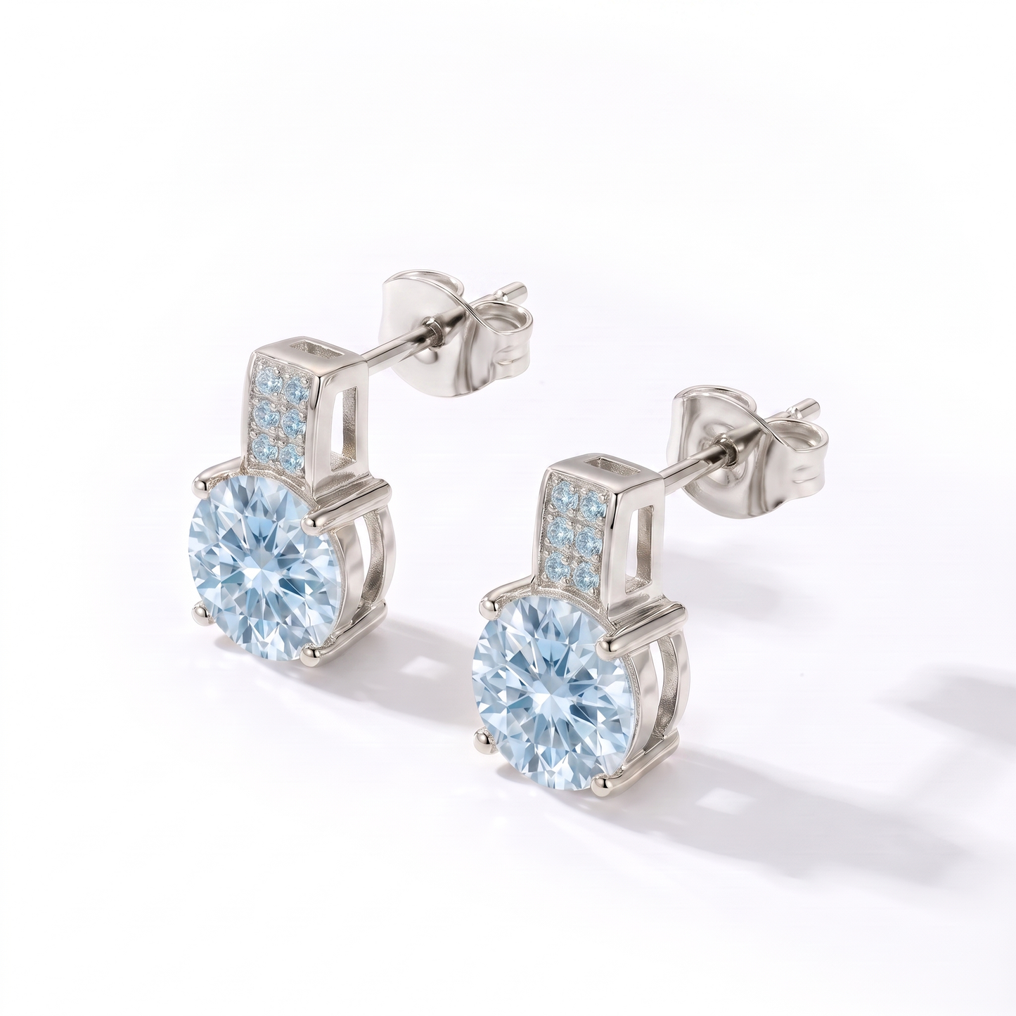 Luxe Round Stone Earrings - Silver Aquamarine