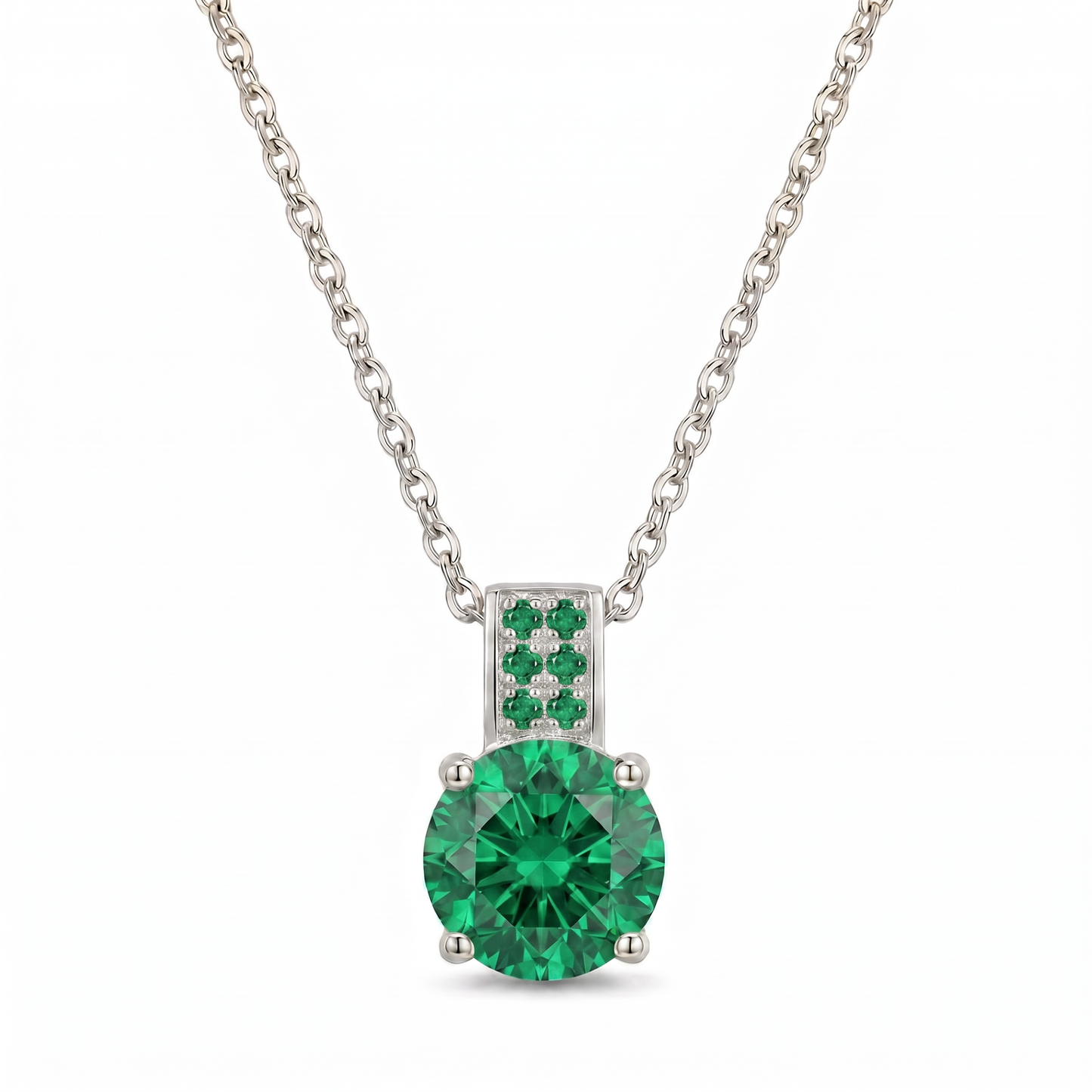 Luxe Round Stone Necklace - Silver Emerald Green