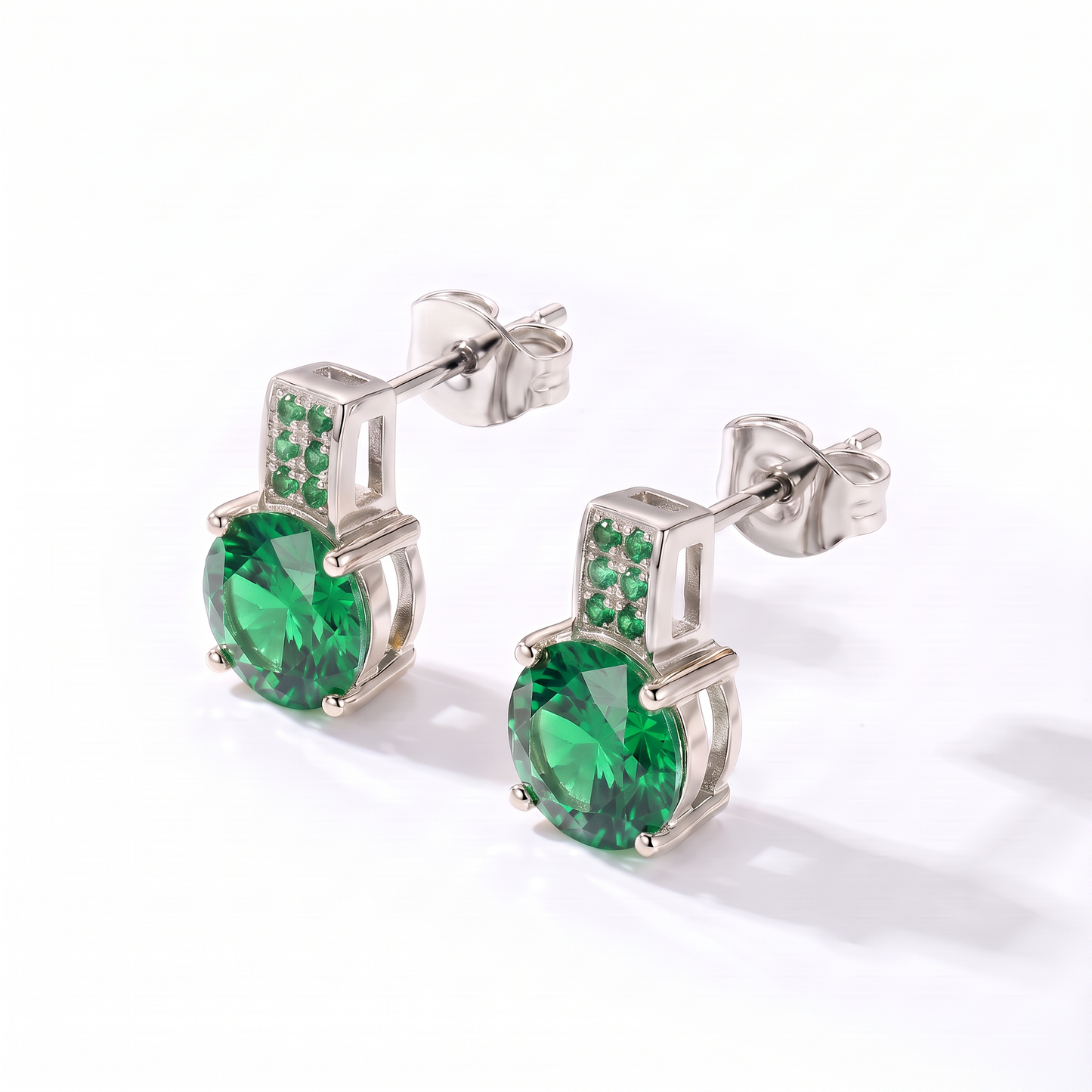 Luxe Round Stone Earrings - Silver Emerald Green