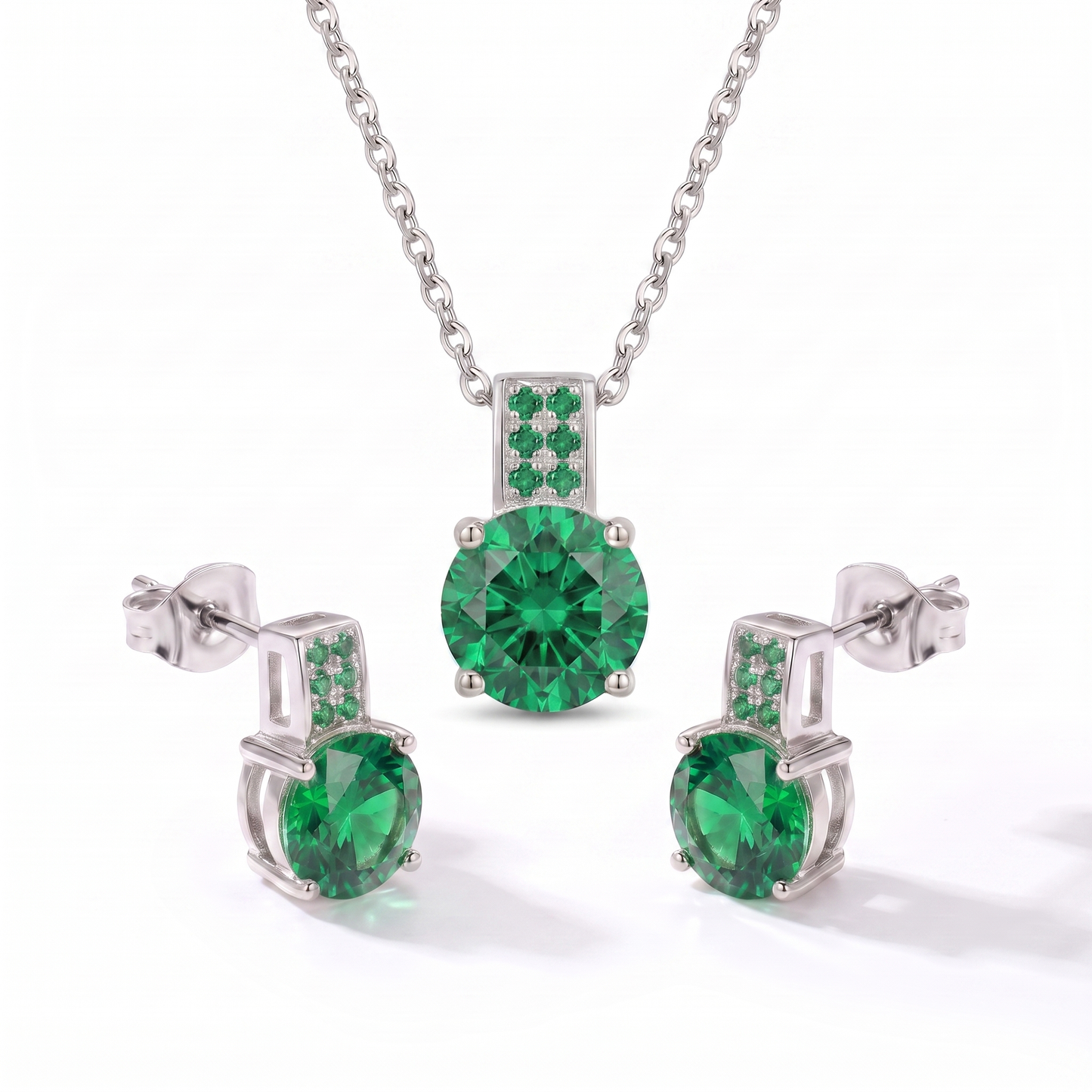 Luxe Round Stone Necklace & Earrings Set - Silver Emerald Green