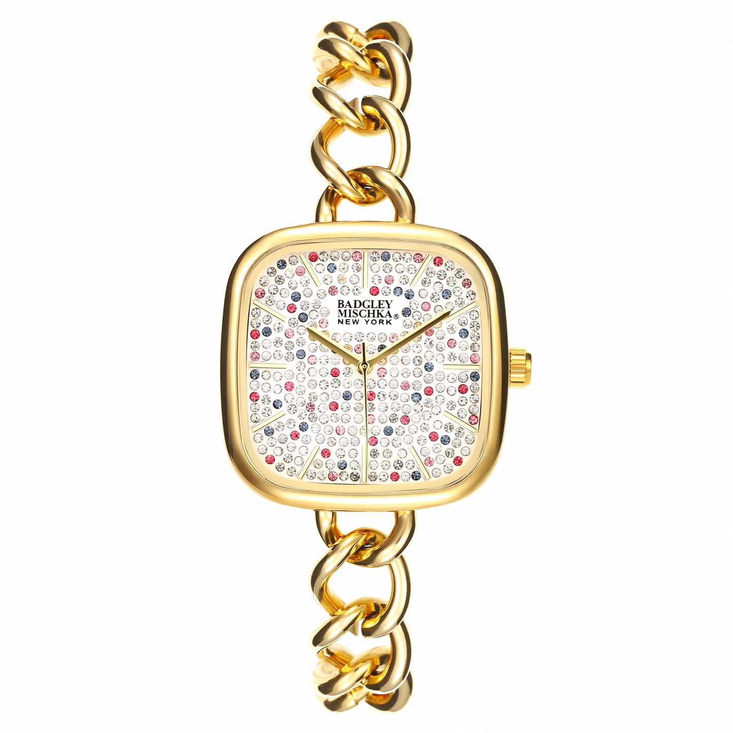 Women's Gold Square Watch with Multi-Color Pavel Dial and Link Band