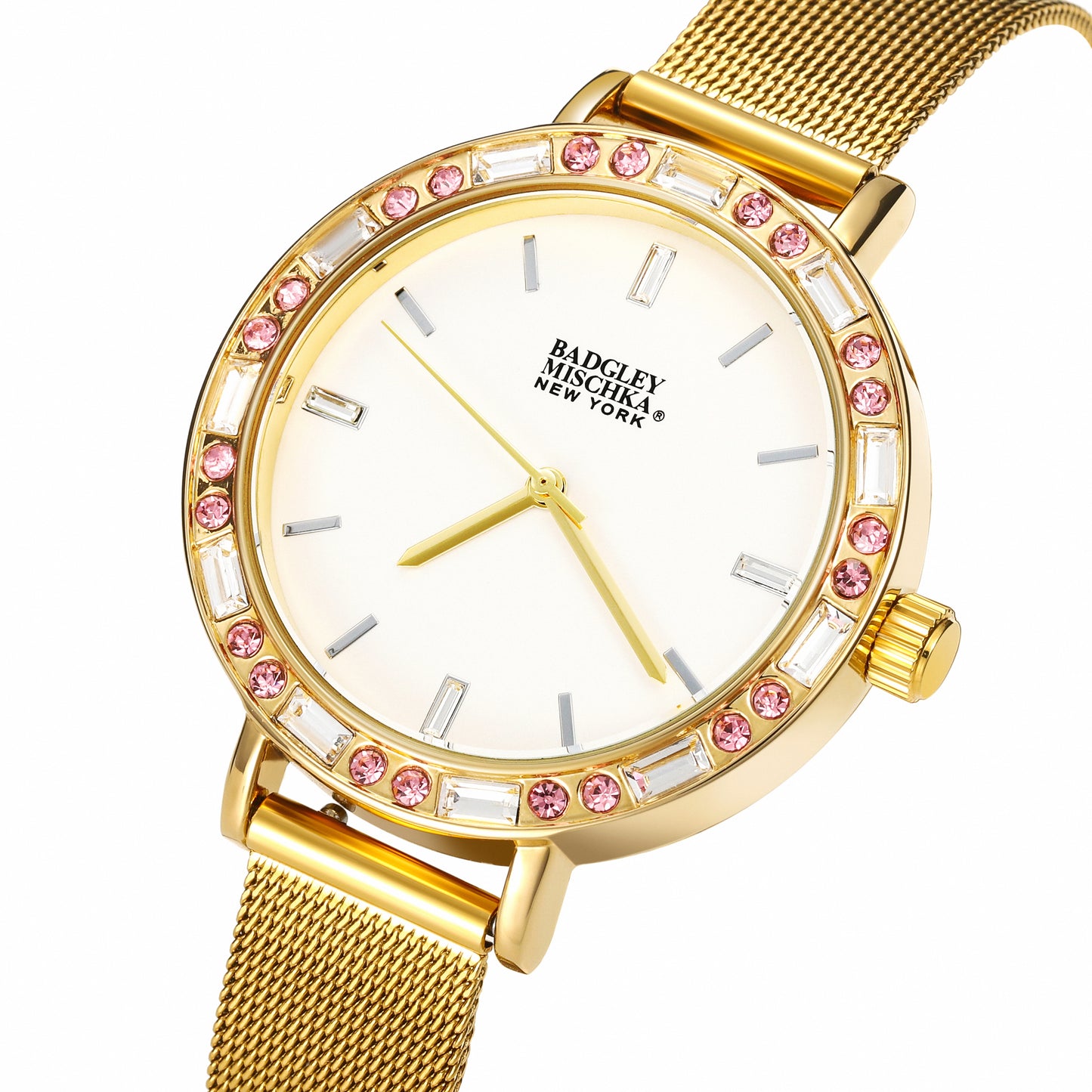 Women's Gold Round Watch with Multi-Color Bezel and Mesh Band