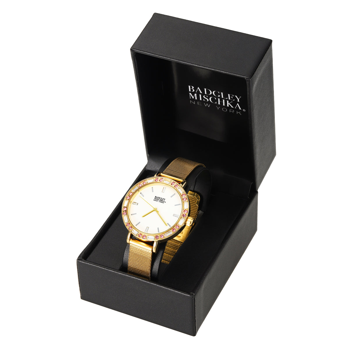 Women's Gold Round Watch with Multi-Color Bezel and Mesh Band