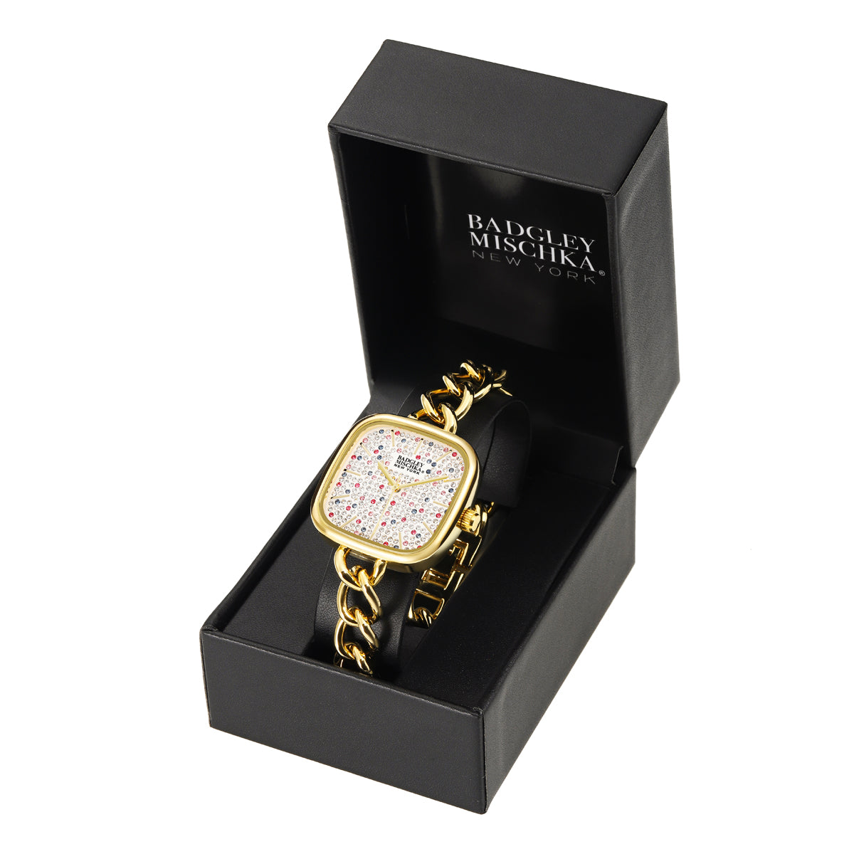 Women's Gold Square Watch with Multi-Color Pavel Dial and Link Band