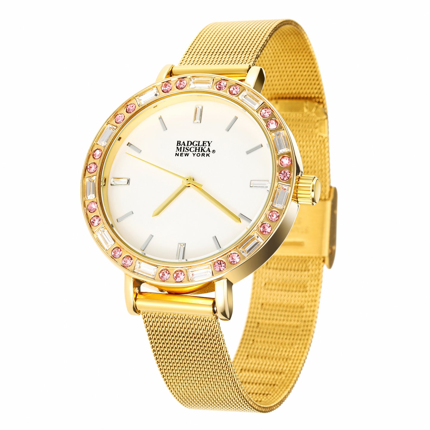 Women's Gold Round Watch with Multi-Color Bezel and Mesh Band