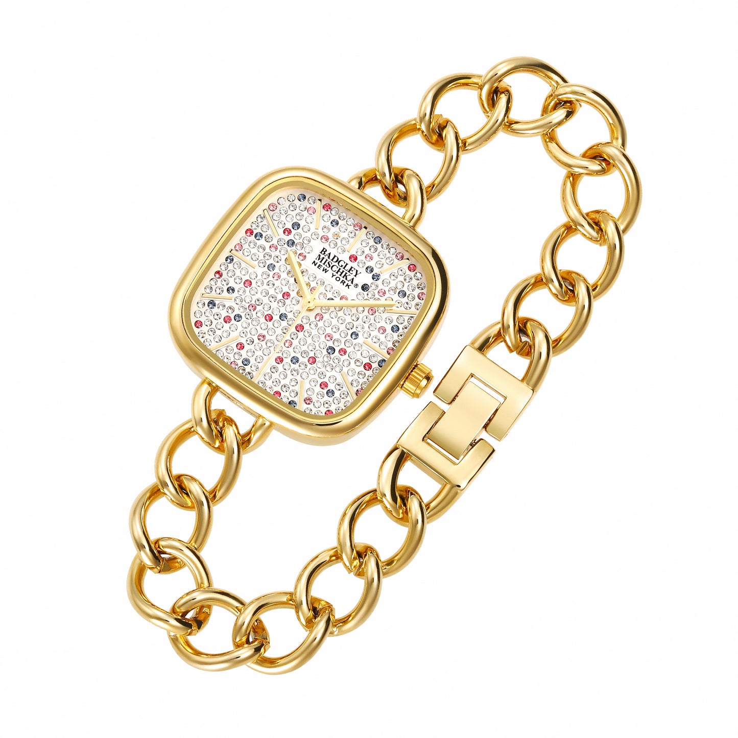 Women's Gold Square Watch with Multi-Color Pavel Dial and Link Band