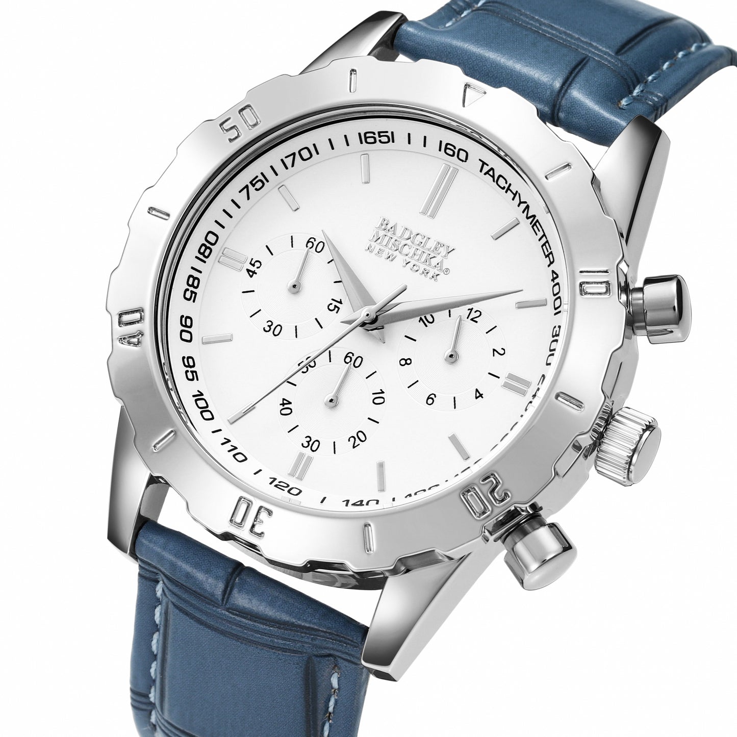 Men's Round Chronological Watch with Blue Croc Vegan Leather Strap