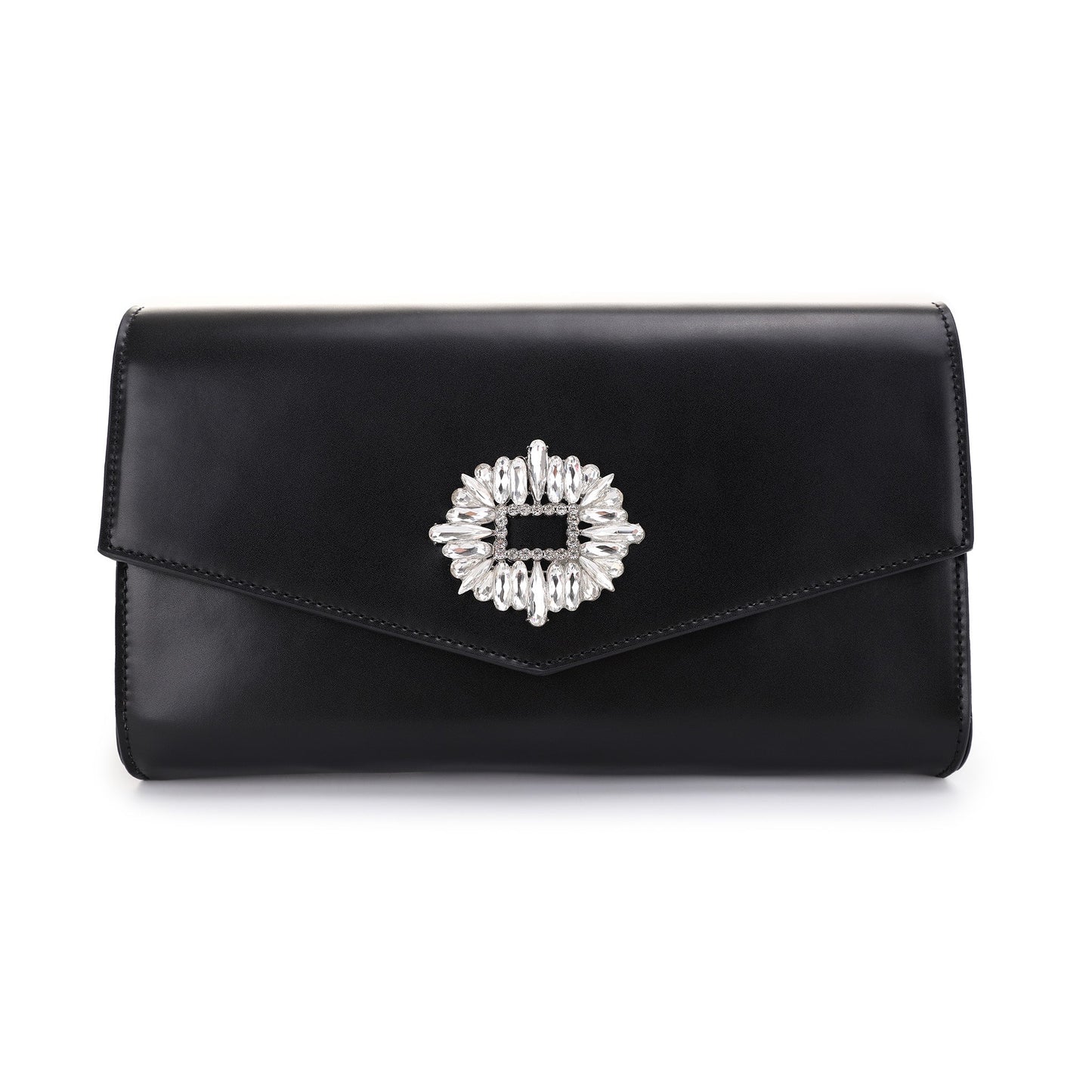The Lorrie Smooth Leather Oversized Clutch with Rhinestone Brooch