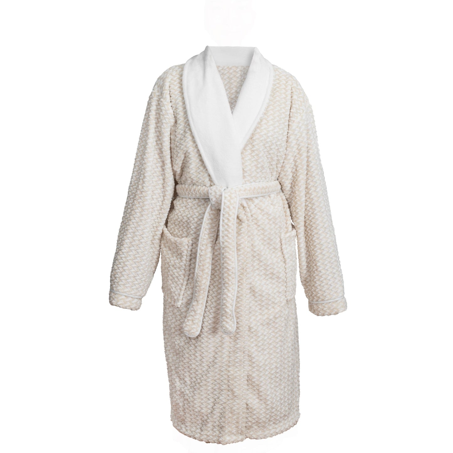 TEXTURED VELVET BATHROBE W/ CONTRAST COLLAR & PIPING, 42”