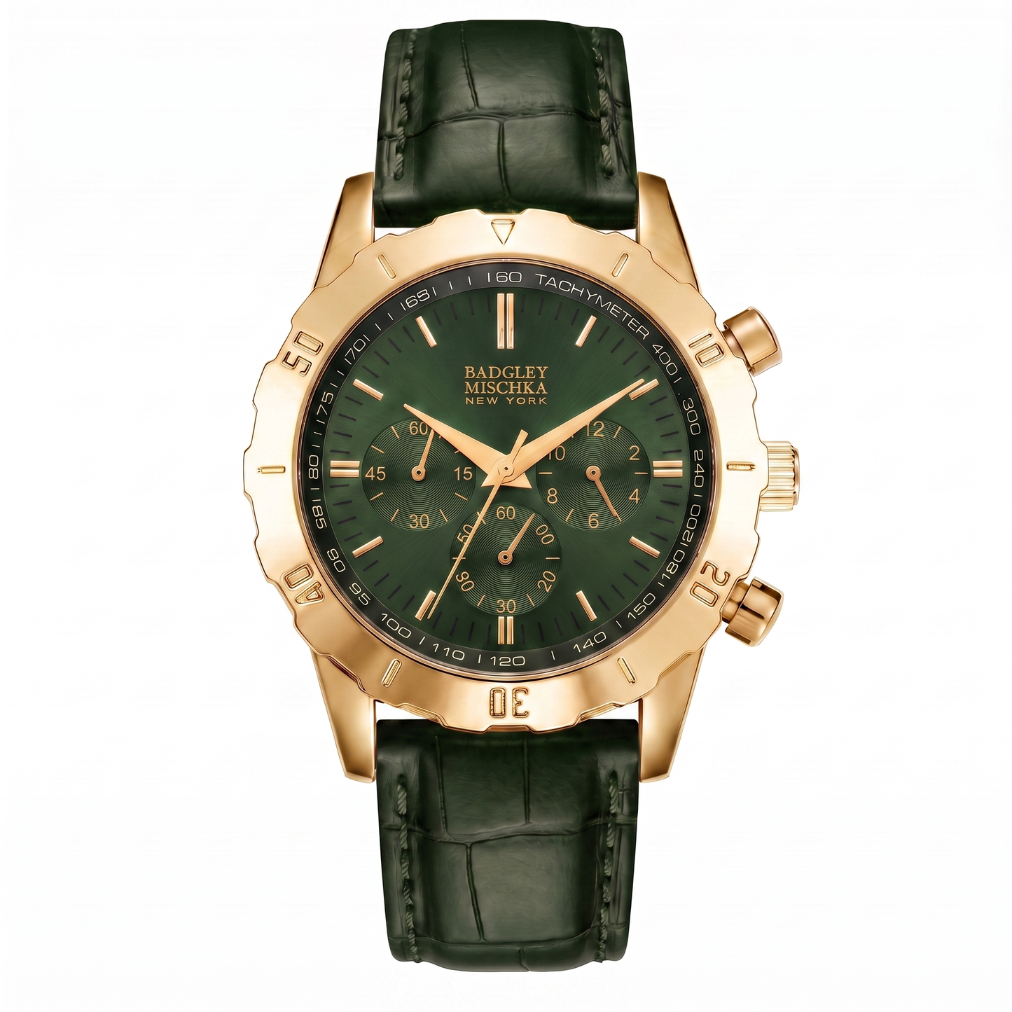 Men's Axis Round Chronological Watch with Green Croc Vegan Leather Strap