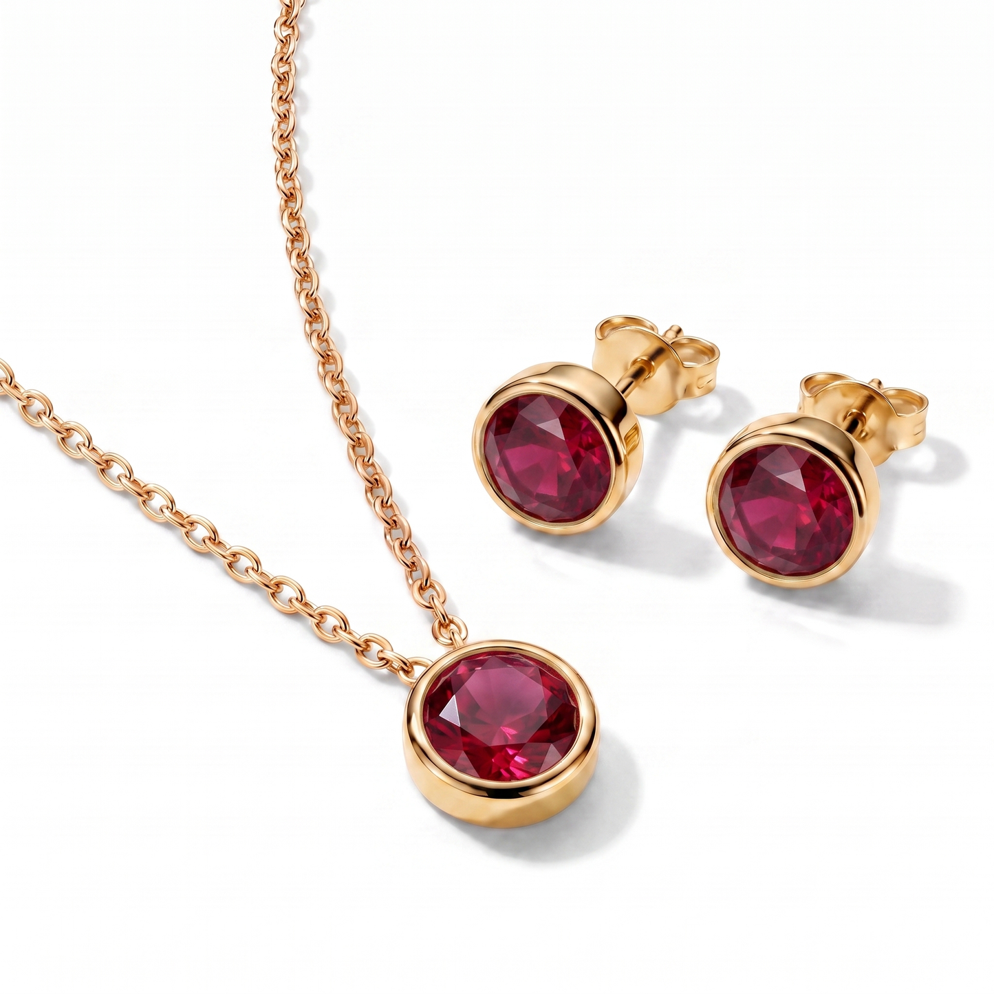 Luxe Bezel Necklace & Earrings Set - Ruby