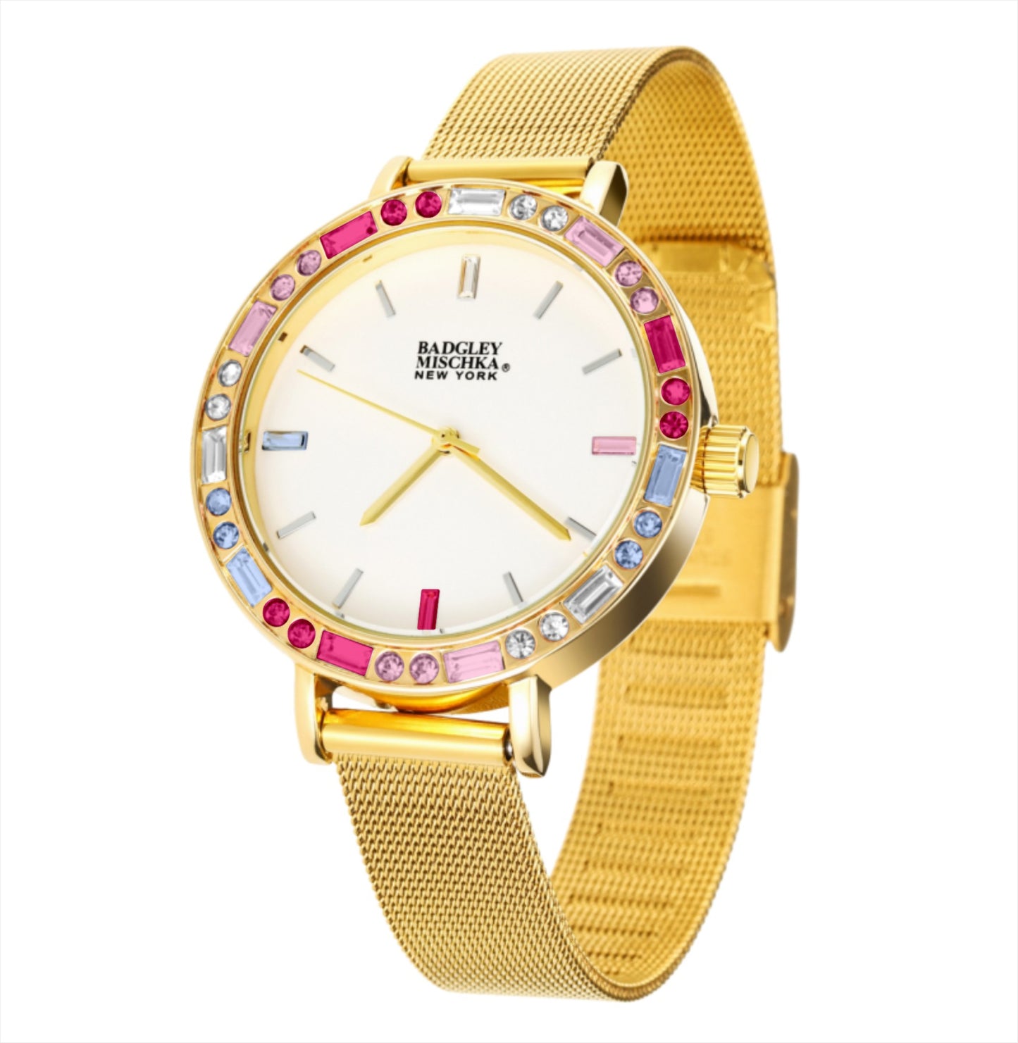 Multi-Color Bezel Round Women's Watch with Mesh Bracelet Strap