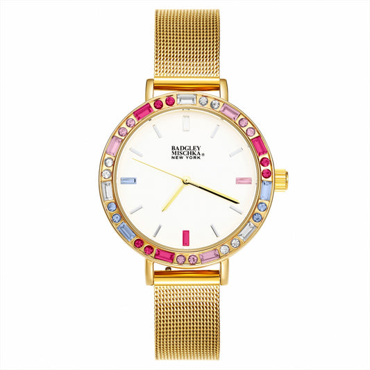 Multi-Color Bezel Round Women's Watch with Mesh Bracelet Strap