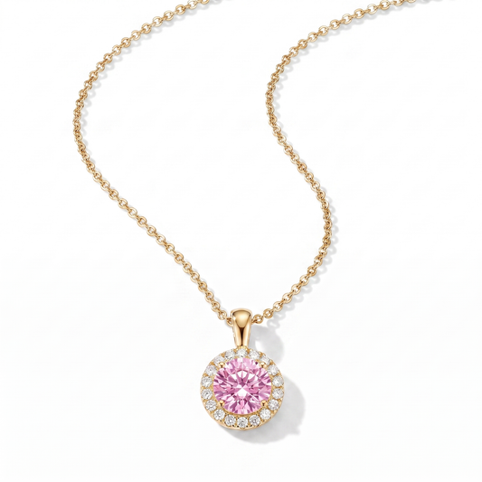 CZ Outlined Pink Stud Pendant Necklace - Gold