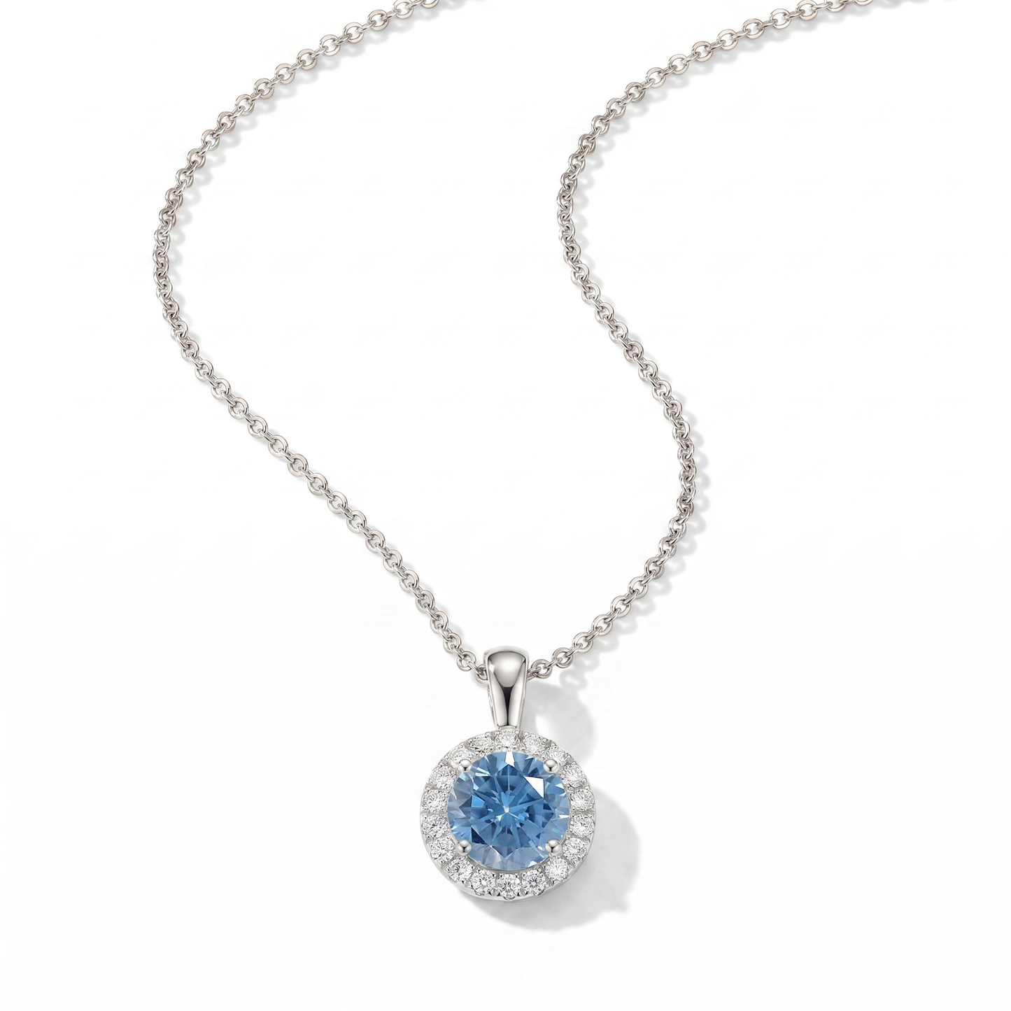 CZ Outlined Blue Stud Pendant Necklace - Silver