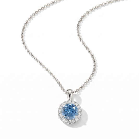 CZ Outlined Blue Stud Pendant Necklace - Silver