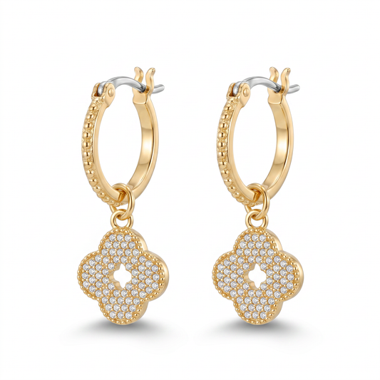 Crystal Clover Drop Earring - Gold