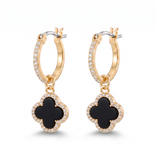 Jet Clover Drop Earring - Gold