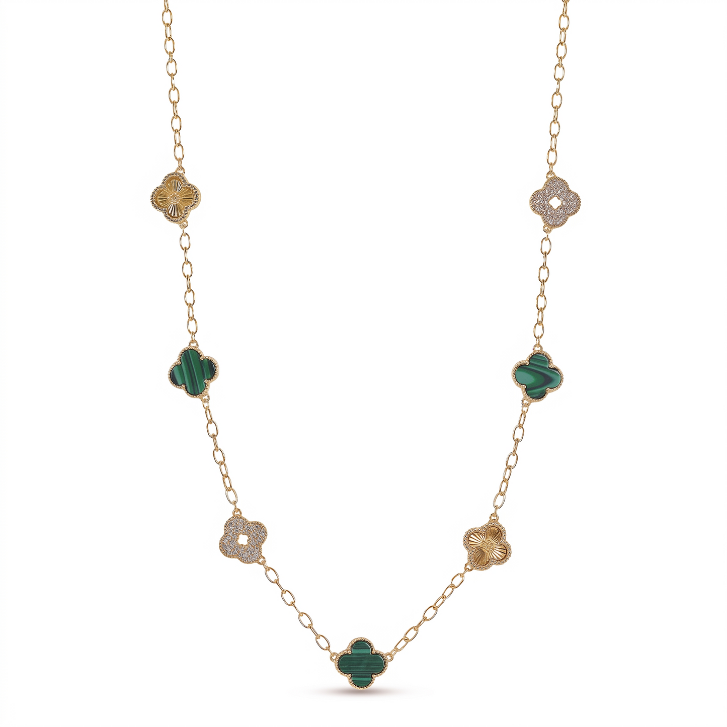Crystal Green Clover 7-Charm Necklace - Gold