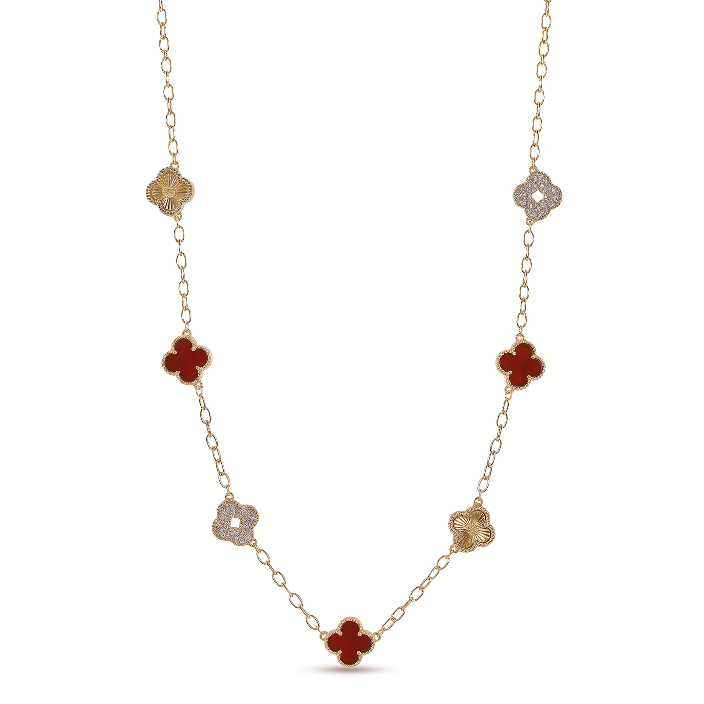 Crystal Red Clover 7-Charm Necklace - Gold