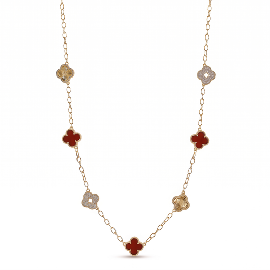 Crystal Red Clover 7-Charm Necklace - Gold