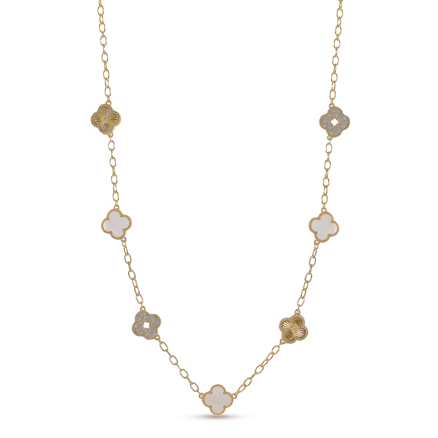 Crystal White Clover 7-Charm Necklace - Gold