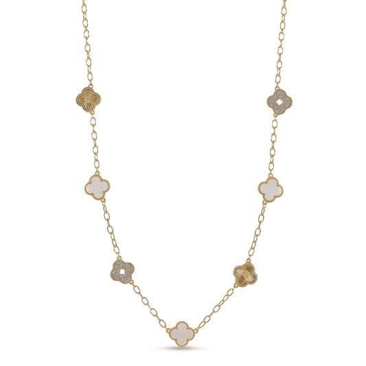 Crystal White Clover 7-Charm Necklace - Gold