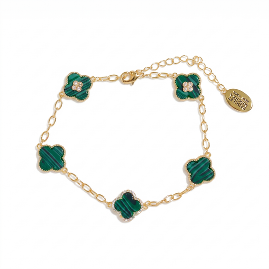 Crystal Green Clover 5-Charm Bracelet - Gold