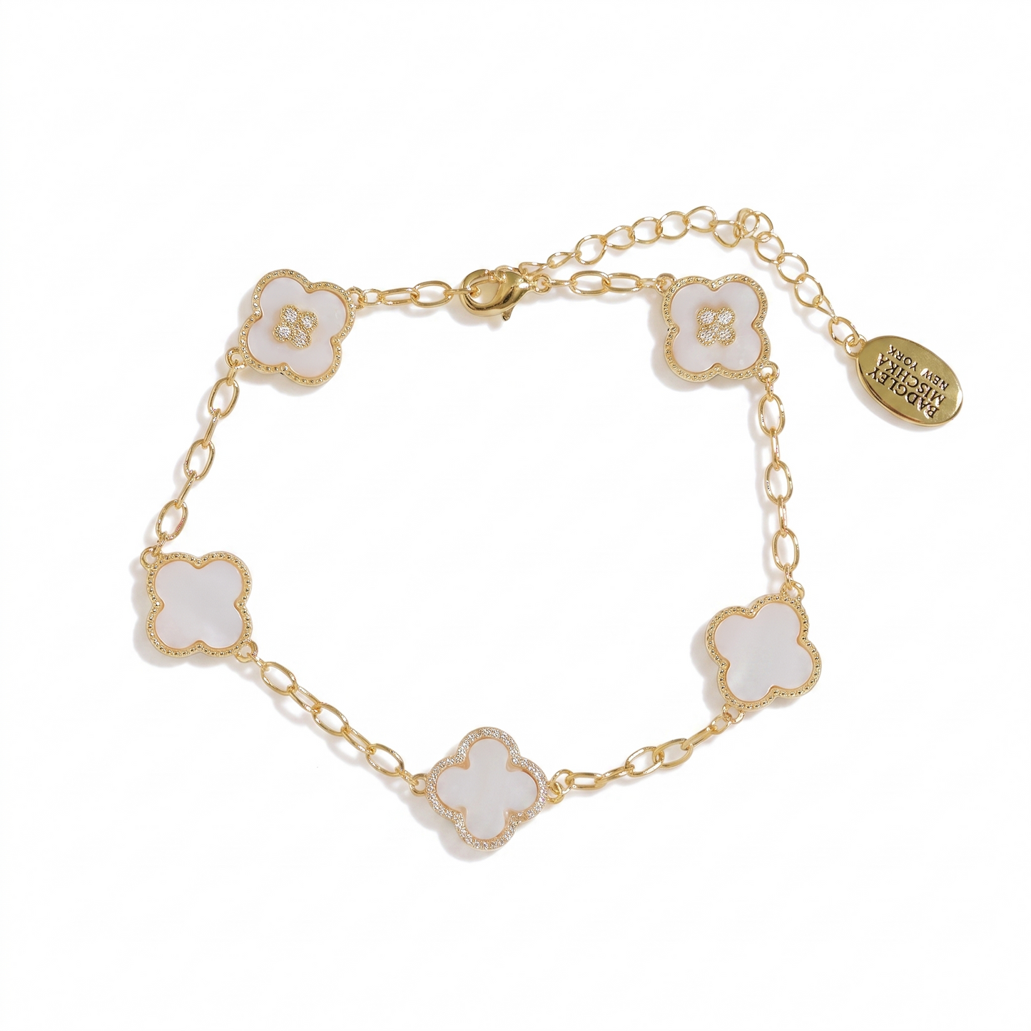 Crystal White Clover 5-Charm Bracelet - Gold