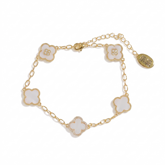 Crystal White Clover 5-Charm Bracelet - Gold