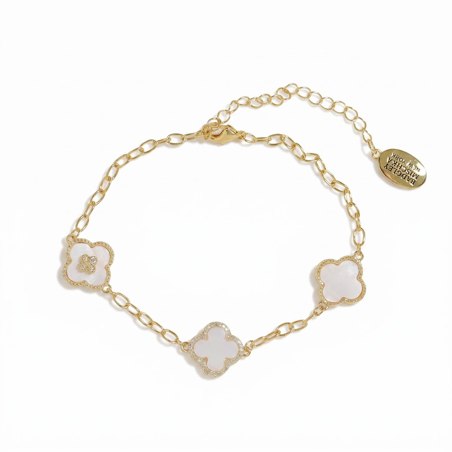 Crystal White Clover 3-Charm Bracelet - Gold