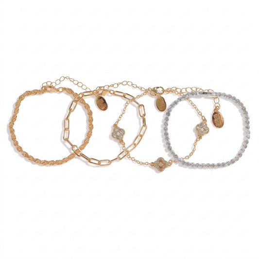 4-Piece Crystal Clover Chain Bracelet Set - Gold