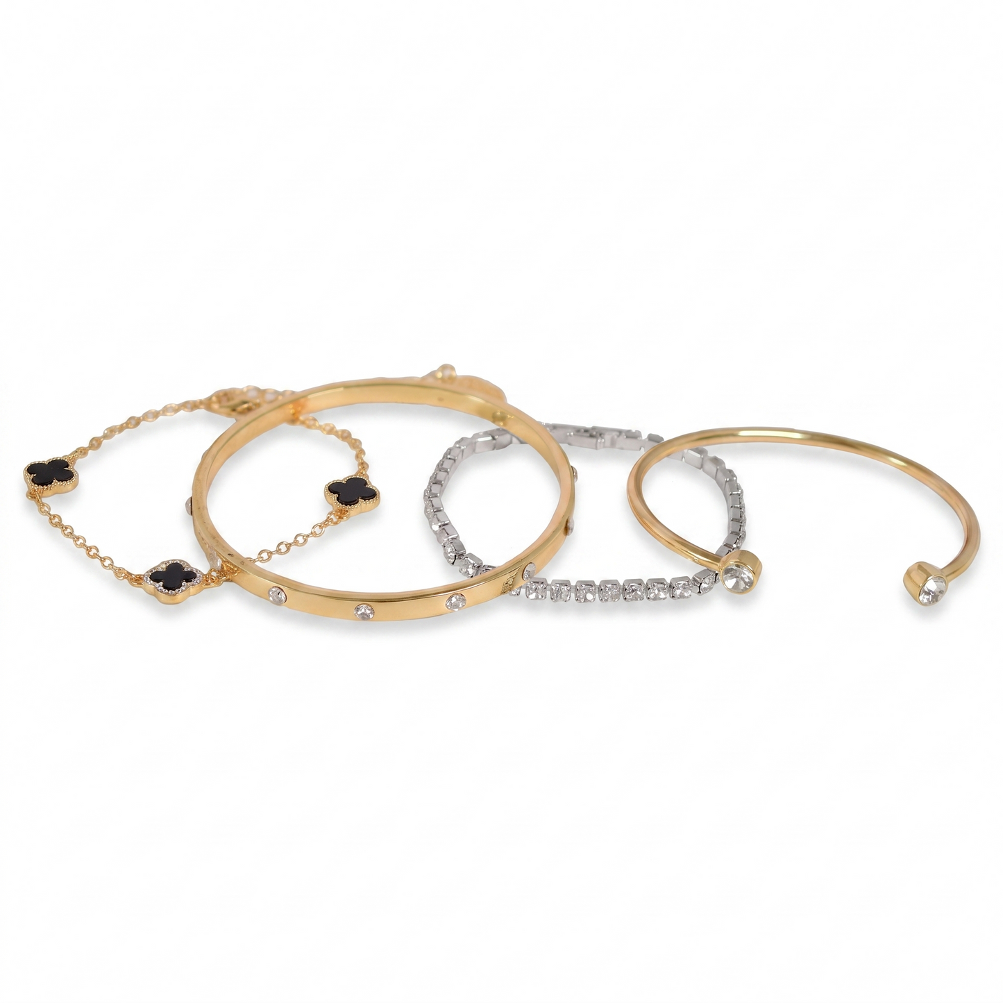 4-Piece Crystal Jet Cuff Bracelet Set - Gold