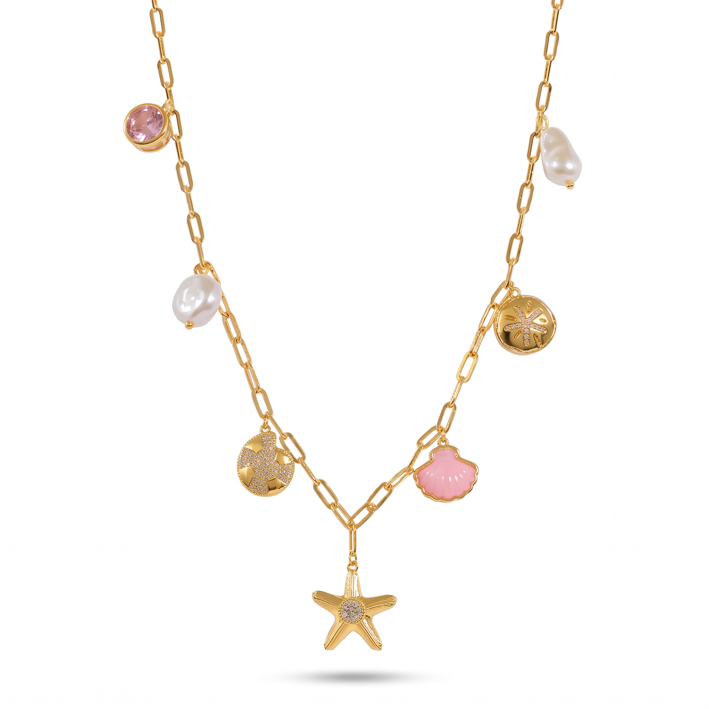 Shell Starfish 7-Charm Necklace - Gold