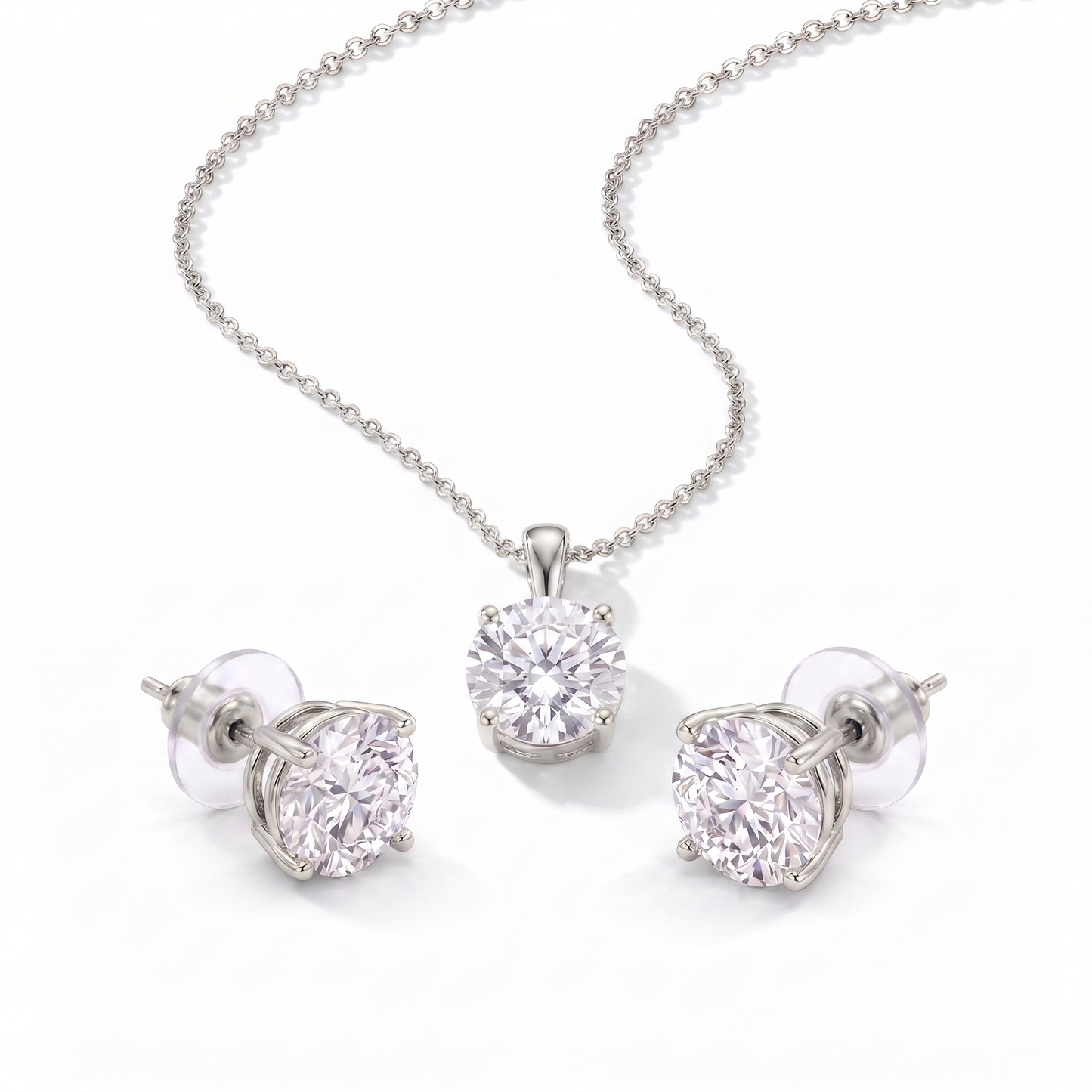 CZ Pendant Necklace & Earring Set - Silver
