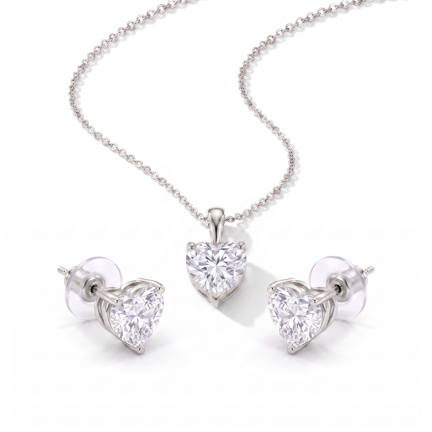 Heart CZ Pendant Necklace & Earring Set - Silver