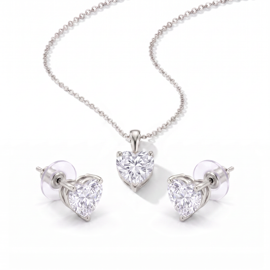 Heart CZ Pendant Necklace & Earring Set - Silver