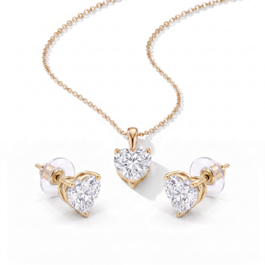 Heart CZ Pendant Necklace & Earring Set - Gold
