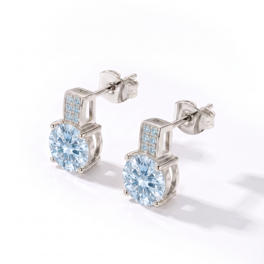 Luxe Round Stone Earrings - Silver Aquamarine