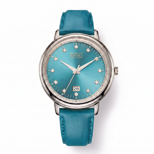 Luxe Modern Heirloom Watch Collection - Silver Aquamarine Blue Faux Leather Strap