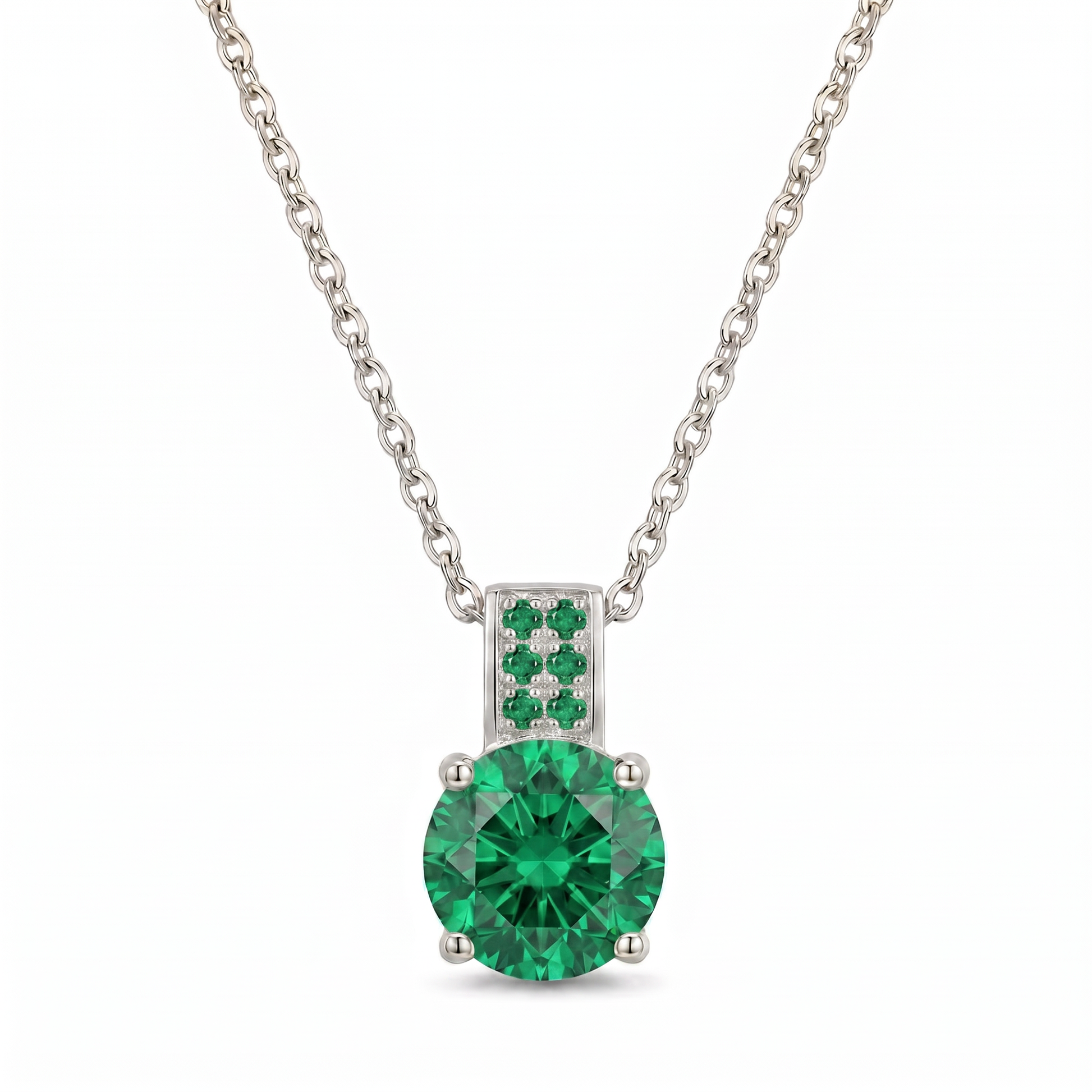 Luxe Round Stone Necklace - Silver Emerald Green