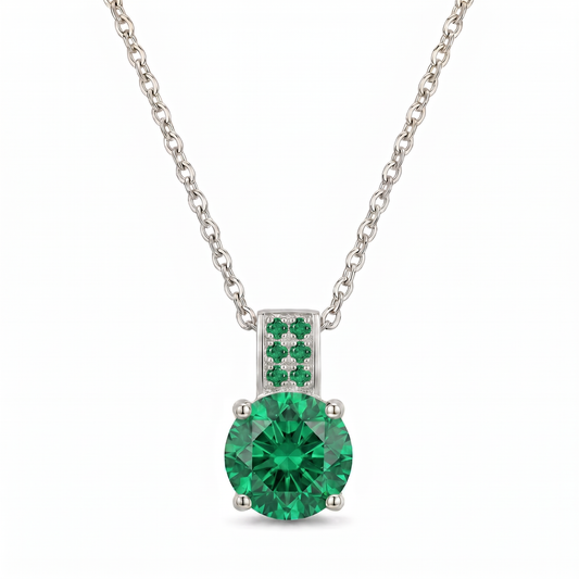 Luxe Round Stone Necklace - Silver Emerald Green