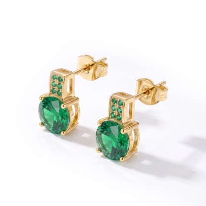Luxe Round Stone Earrings - Gold Emerald Green