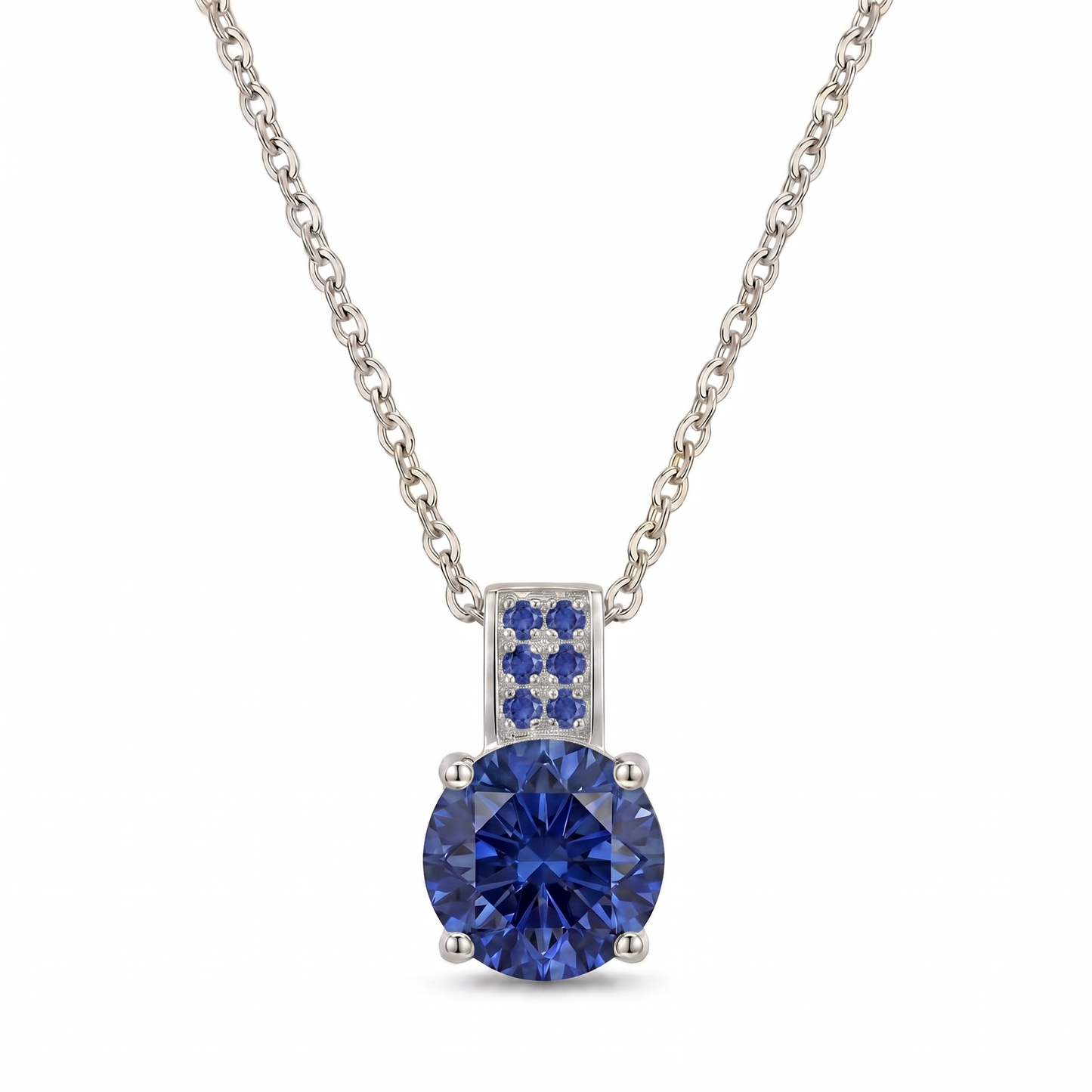 Luxe Round Stone Necklace - Silver Sapphire Blue