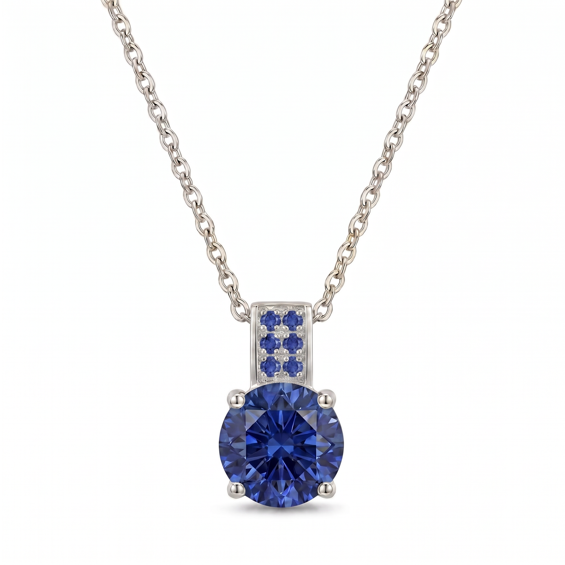 Luxe Round Stone Necklace - Silver Sapphire Blue
