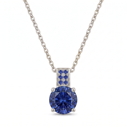 Luxe Round Stone Necklace - Silver Sapphire Blue